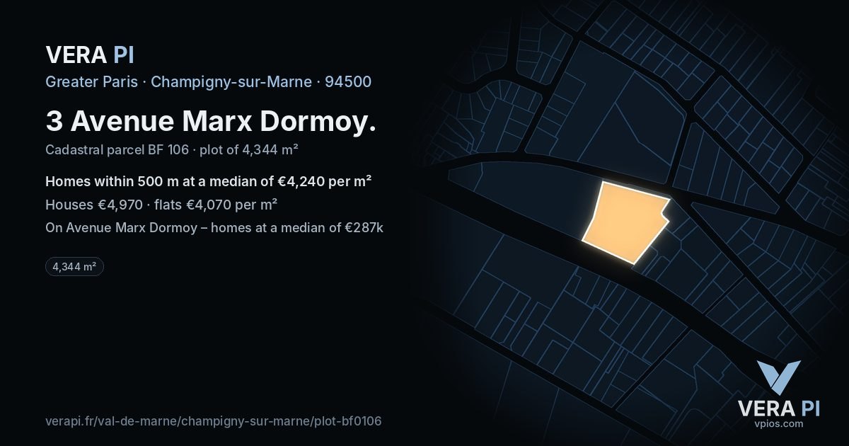 3 Avenue Marx Dormoy, Champigny-sur-Marne at night – the plot lit, the parcels around coloured by the prices near them