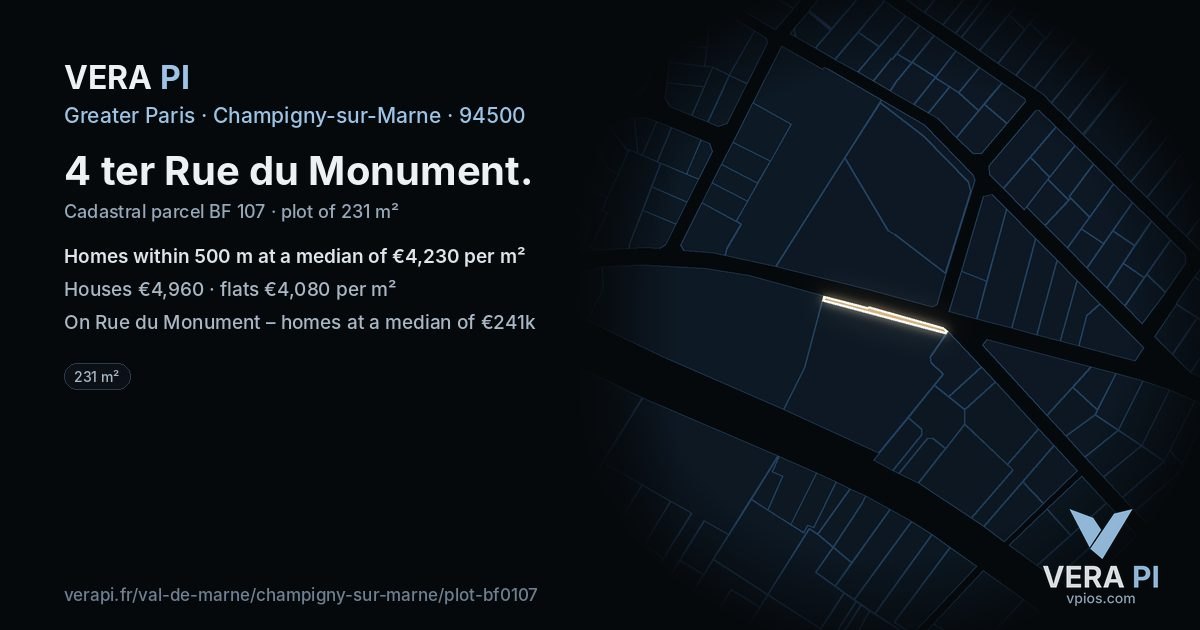 4 ter Rue du Monument, Champigny-sur-Marne at night – the plot lit, the parcels around coloured by the prices near them