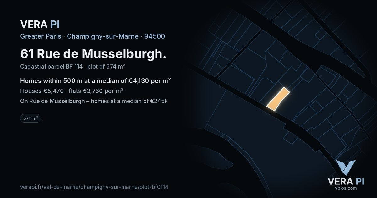 61 Rue de Musselburgh, Champigny-sur-Marne at night – the plot lit, the parcels around coloured by the prices near them