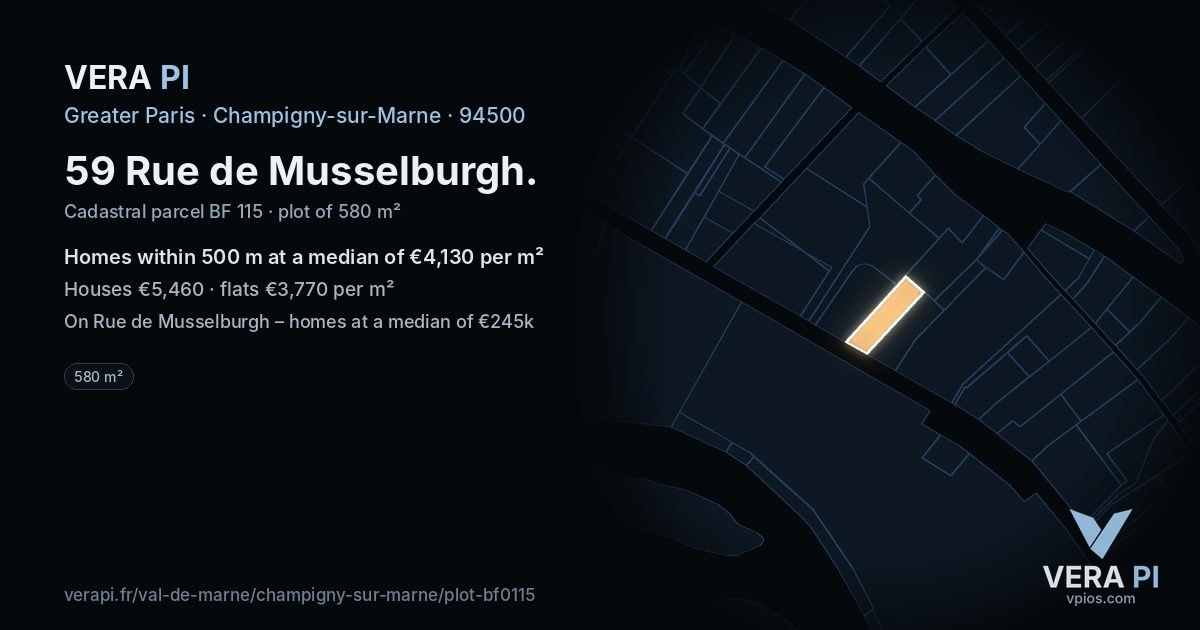 59 Rue de Musselburgh, Champigny-sur-Marne at night – the plot lit, the parcels around coloured by the prices near them
