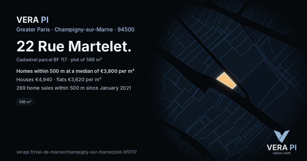 22 Rue Martelet, Champigny-sur-Marne at night – the plot lit, the parcels around coloured by the prices near them