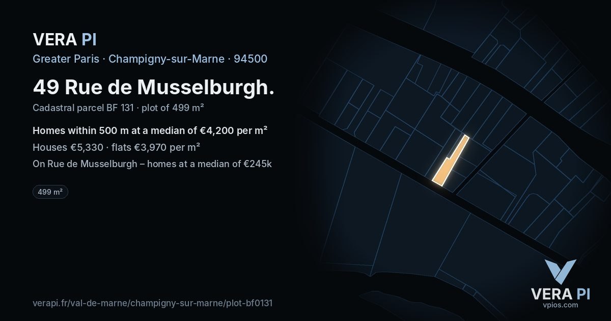 49 Rue de Musselburgh, Champigny-sur-Marne at night – the plot lit, the parcels around coloured by the prices near them