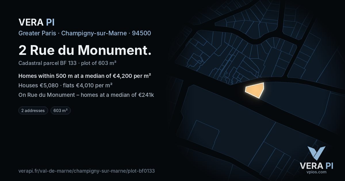 2 Rue du Monument, Champigny-sur-Marne at night – the plot lit, the parcels around coloured by the prices near them