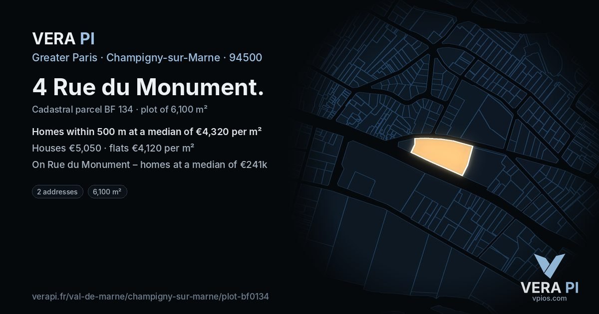 4 Rue du Monument, Champigny-sur-Marne at night – the plot lit, the parcels around coloured by the prices near them
