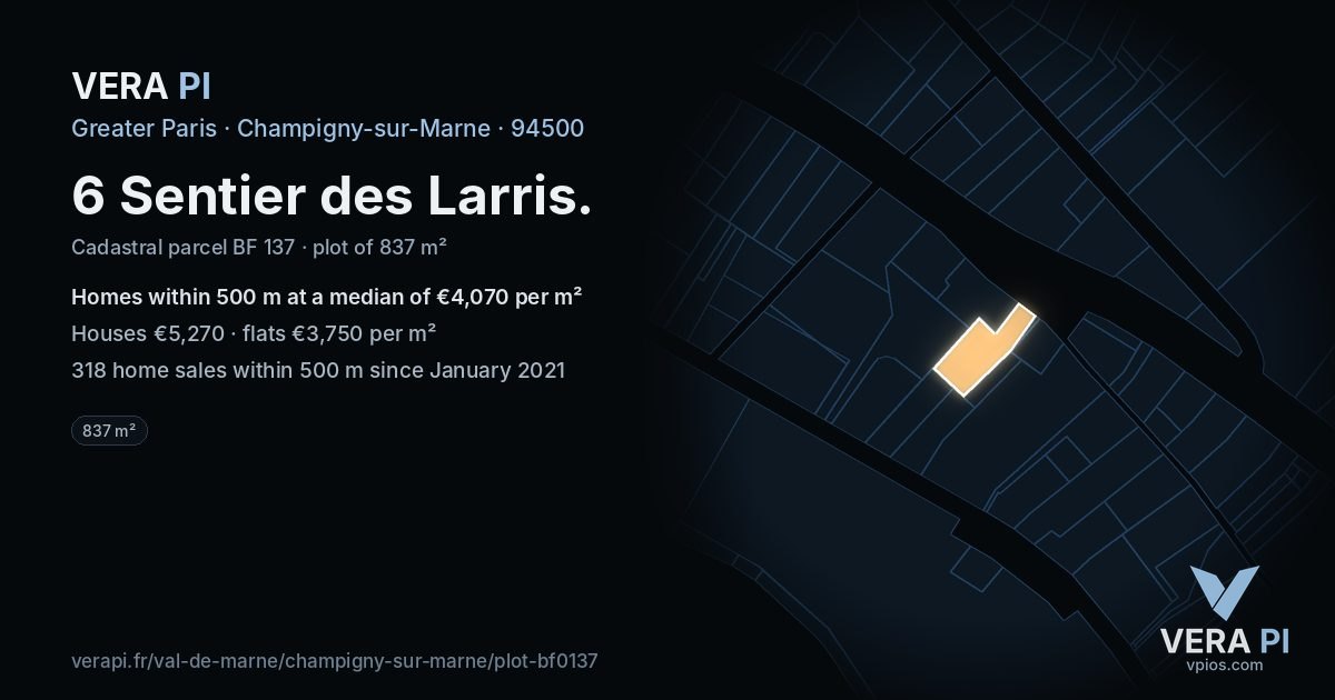6 Sentier des Larris, Champigny-sur-Marne at night – the plot lit, the parcels around coloured by the prices near them