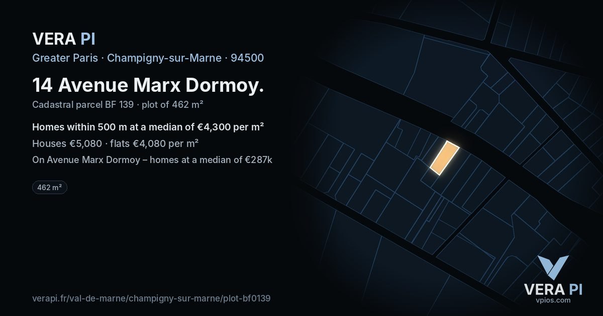 14 Avenue Marx Dormoy, Champigny-sur-Marne at night – the plot lit, the parcels around coloured by the prices near them