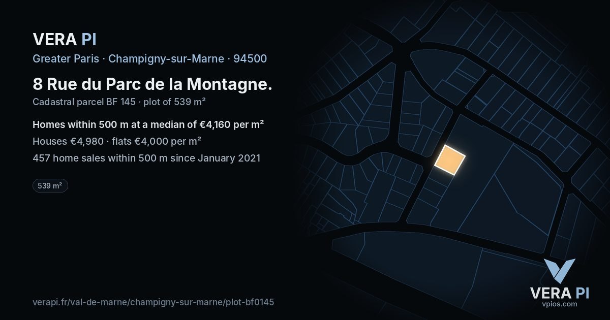 8 Rue du Parc de la Montagne, Champigny-sur-Marne at night – the plot lit, the parcels around coloured by the prices near them