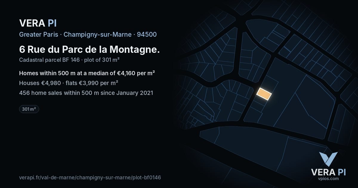 6 Rue du Parc de la Montagne, Champigny-sur-Marne at night – the plot lit, the parcels around coloured by the prices near them