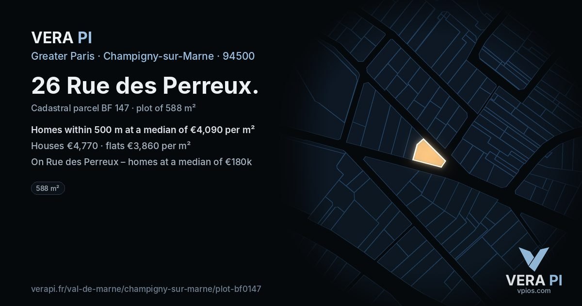 26 Rue des Perreux, Champigny-sur-Marne at night – the plot lit, the parcels around coloured by the prices near them
