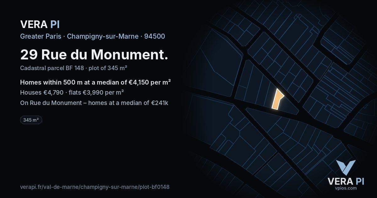 29 Rue du Monument, Champigny-sur-Marne at night – the plot lit, the parcels around coloured by the prices near them