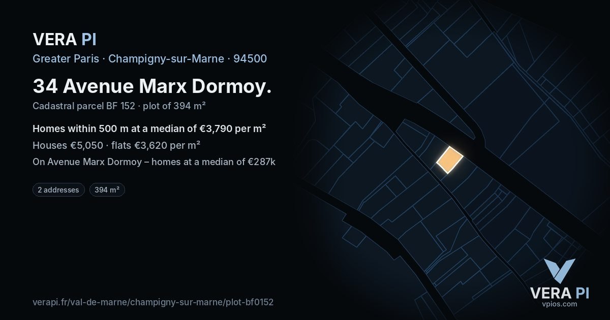 34 Avenue Marx Dormoy, Champigny-sur-Marne at night – the plot lit, the parcels around coloured by the prices near them