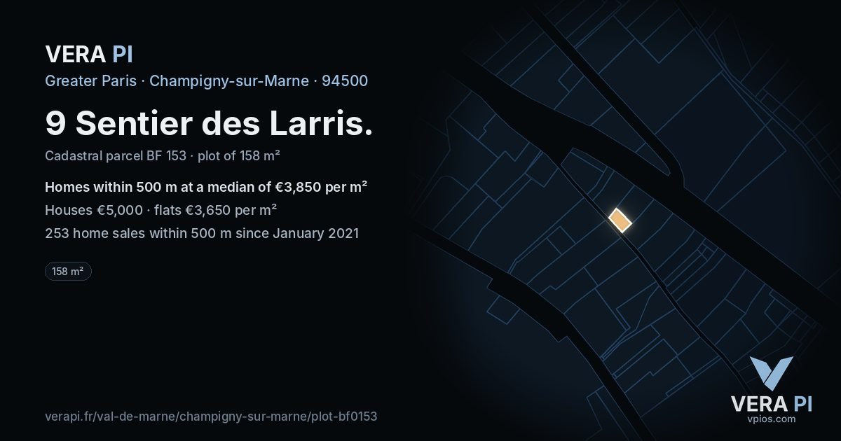 9 Sentier des Larris, Champigny-sur-Marne at night – the plot lit, the parcels around coloured by the prices near them