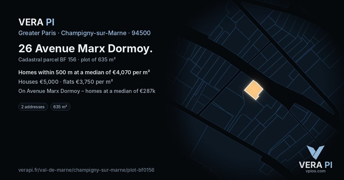 26 Avenue Marx Dormoy, Champigny-sur-Marne at night – the plot lit, the parcels around coloured by the prices near them
