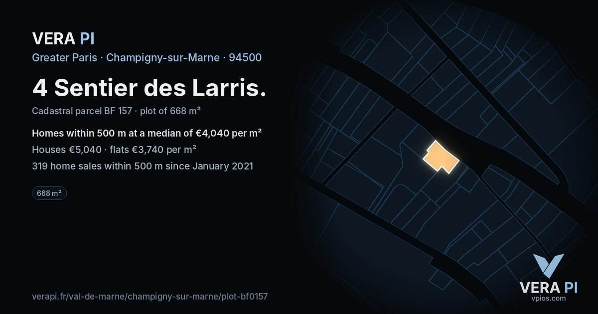 4 Sentier des Larris, Champigny-sur-Marne at night – the plot lit, the parcels around coloured by the prices near them