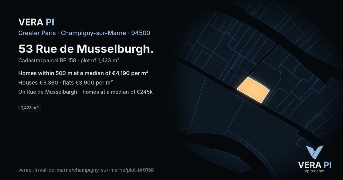 53 Rue de Musselburgh, Champigny-sur-Marne at night – the plot lit, the parcels around coloured by the prices near them