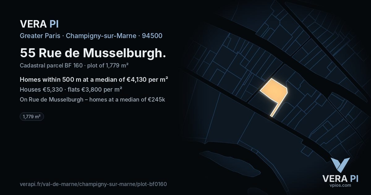55 Rue de Musselburgh, Champigny-sur-Marne at night – the plot lit, the parcels around coloured by the prices near them