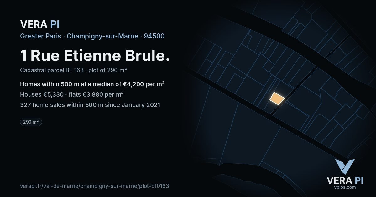 1 Rue Etienne Brule, Champigny-sur-Marne at night – the plot lit, the parcels around coloured by the prices near them