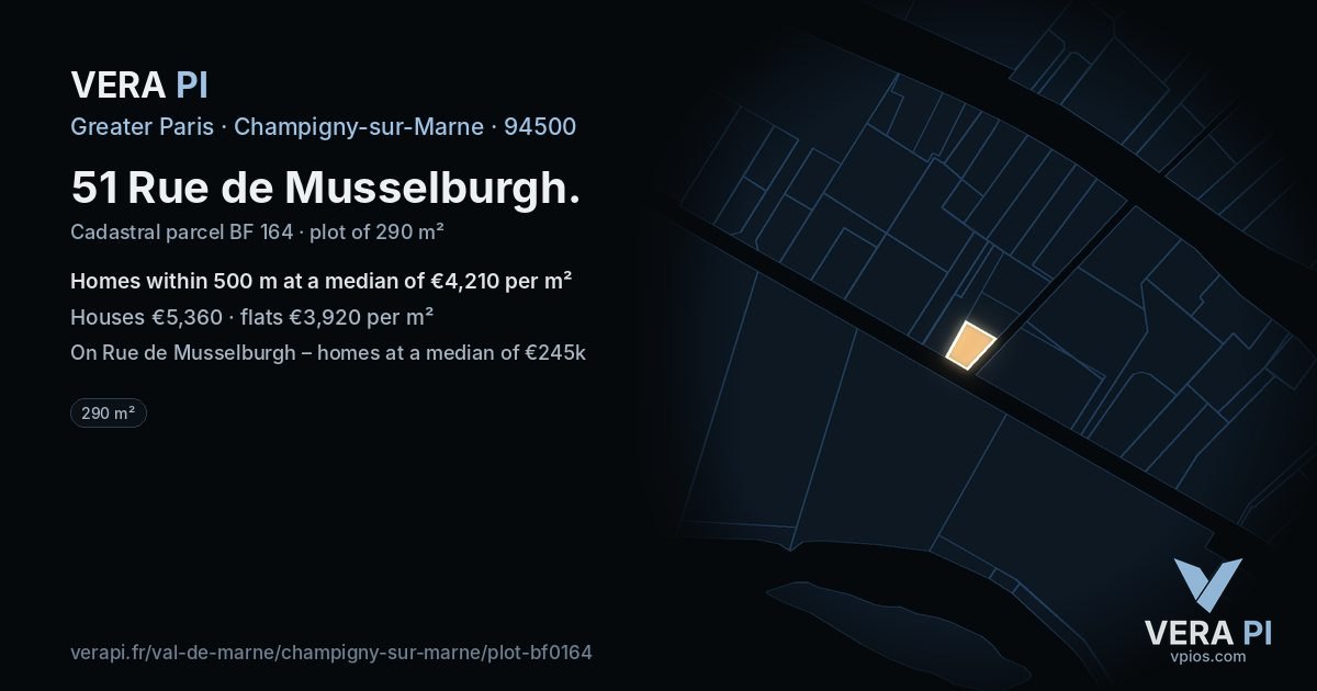 51 Rue de Musselburgh, Champigny-sur-Marne at night – the plot lit, the parcels around coloured by the prices near them