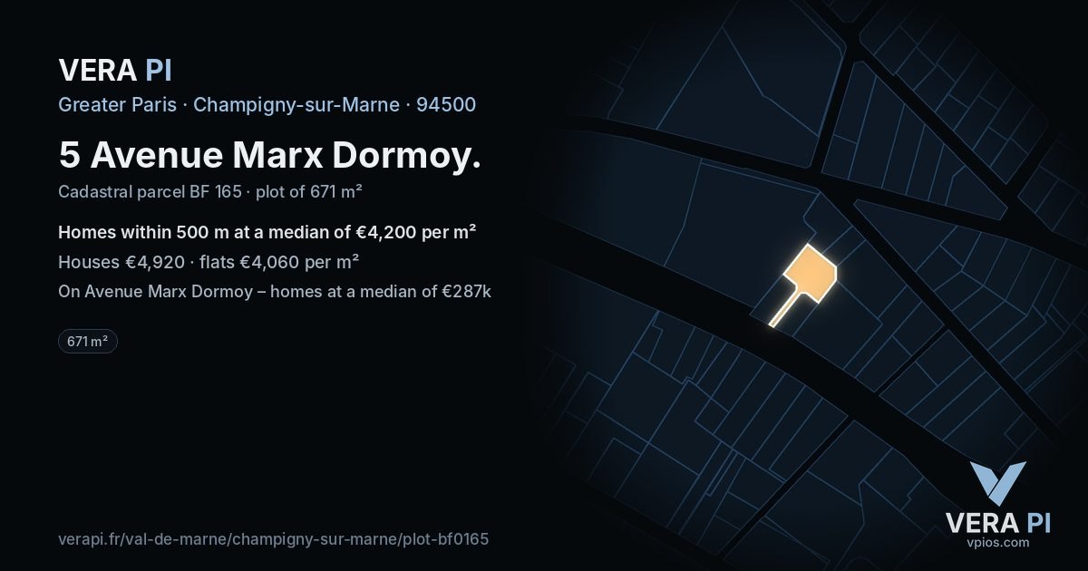 5 Avenue Marx Dormoy, Champigny-sur-Marne at night – the plot lit, the parcels around coloured by the prices near them