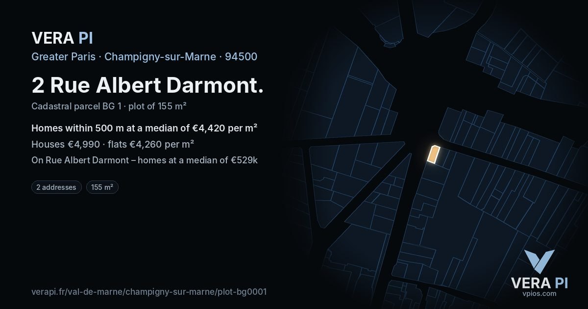 2 Rue Albert Darmont, Champigny-sur-Marne at night – the plot lit, the parcels around coloured by the prices near them