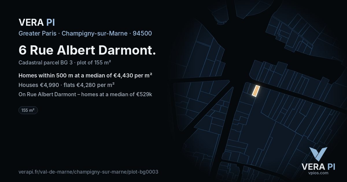 6 Rue Albert Darmont, Champigny-sur-Marne at night – the plot lit, the parcels around coloured by the prices near them