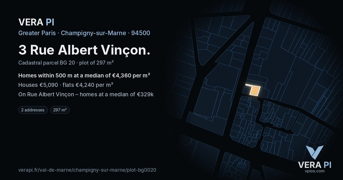 3 Rue Albert Vinçon, Champigny-sur-Marne at night – the plot lit, the parcels around coloured by the prices near them