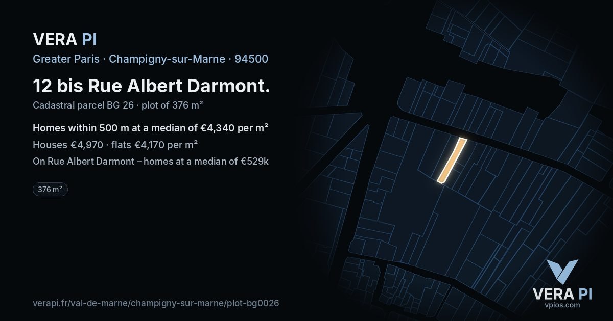 12 bis Rue Albert Darmont, Champigny-sur-Marne at night – the plot lit, the parcels around coloured by the prices near them