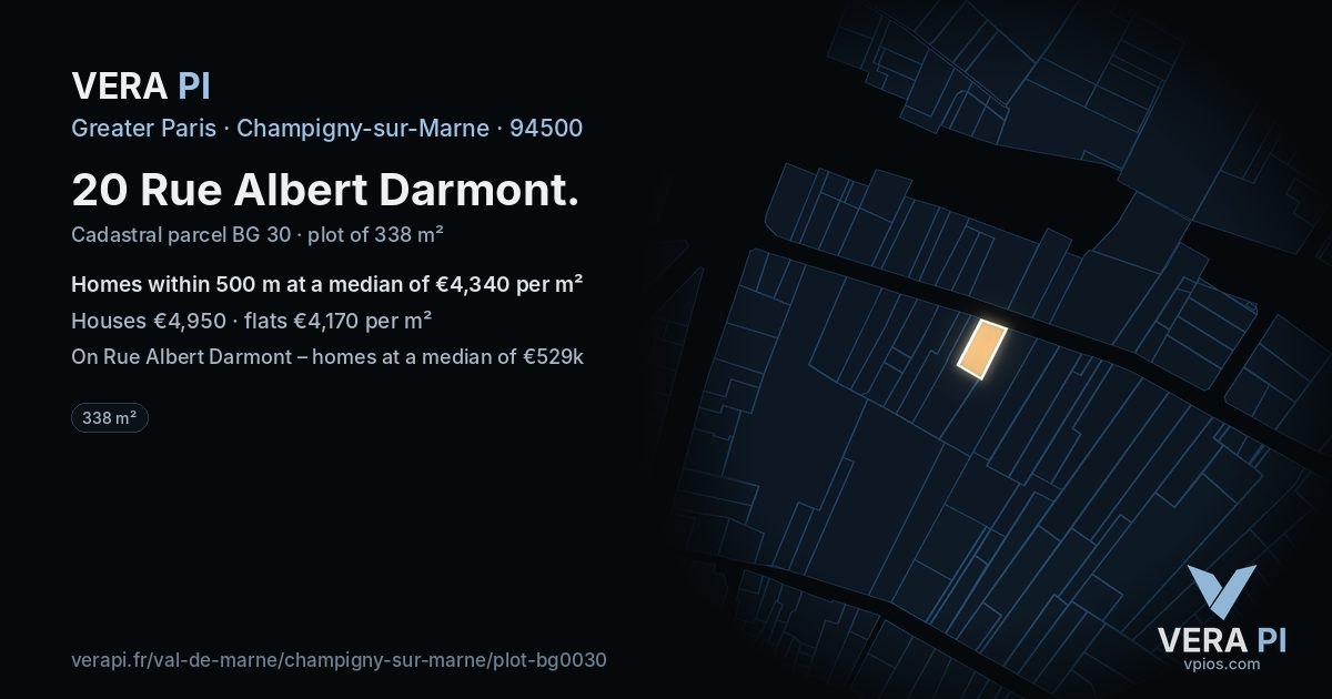 20 Rue Albert Darmont, Champigny-sur-Marne at night – the plot lit, the parcels around coloured by the prices near them