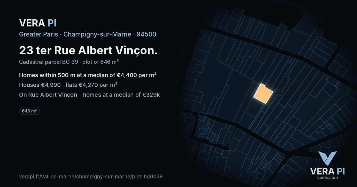 23 ter Rue Albert Vinçon, Champigny-sur-Marne at night – the plot lit, the parcels around coloured by the prices near them
