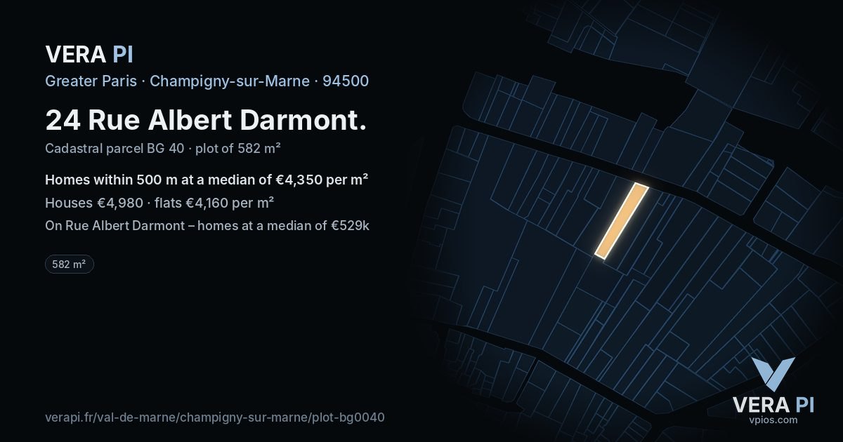 24 Rue Albert Darmont, Champigny-sur-Marne at night – the plot lit, the parcels around coloured by the prices near them