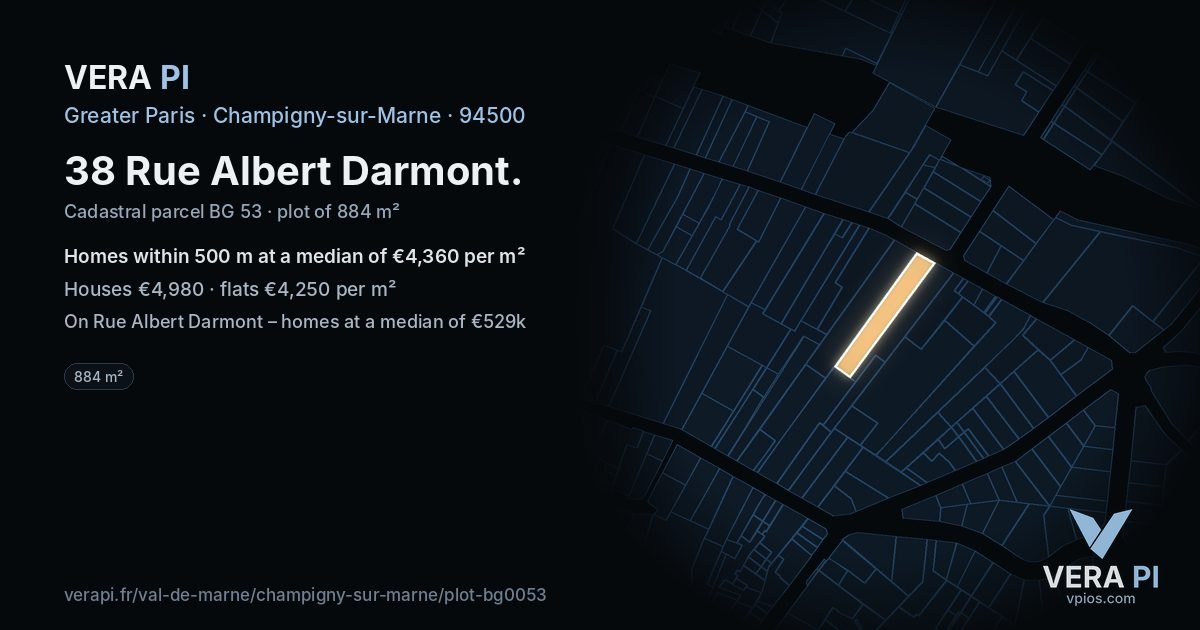 38 Rue Albert Darmont, Champigny-sur-Marne at night – the plot lit, the parcels around coloured by the prices near them