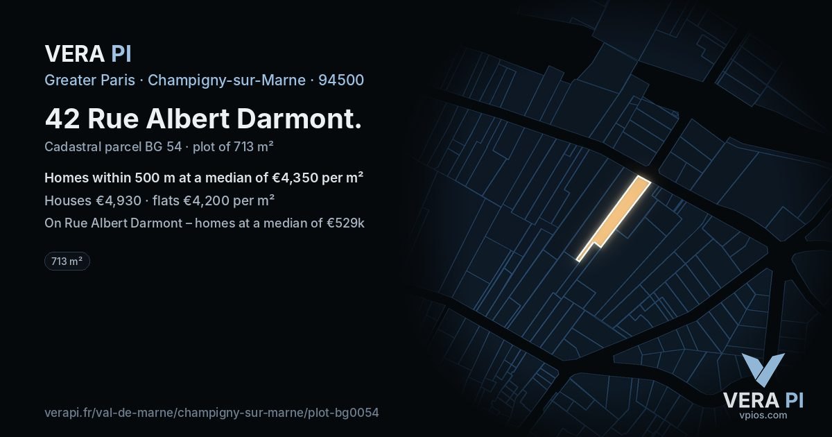 42 Rue Albert Darmont, Champigny-sur-Marne at night – the plot lit, the parcels around coloured by the prices near them