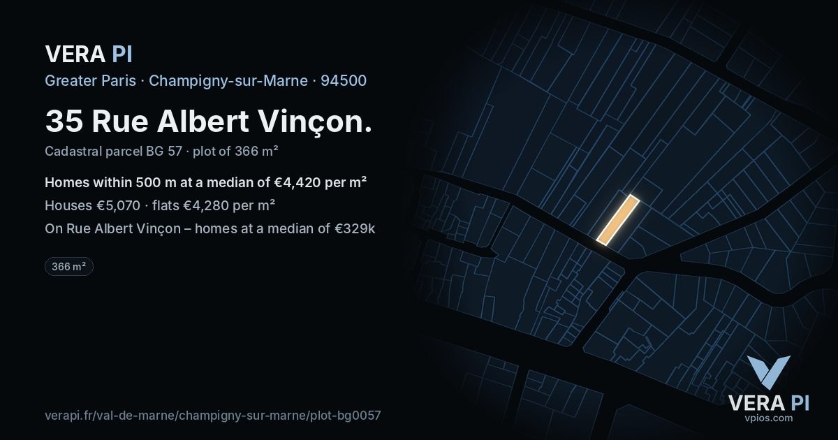 35 Rue Albert Vinçon, Champigny-sur-Marne at night – the plot lit, the parcels around coloured by the prices near them
