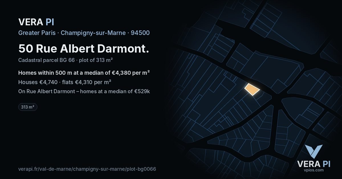 50 Rue Albert Darmont, Champigny-sur-Marne at night – the plot lit, the parcels around coloured by the prices near them