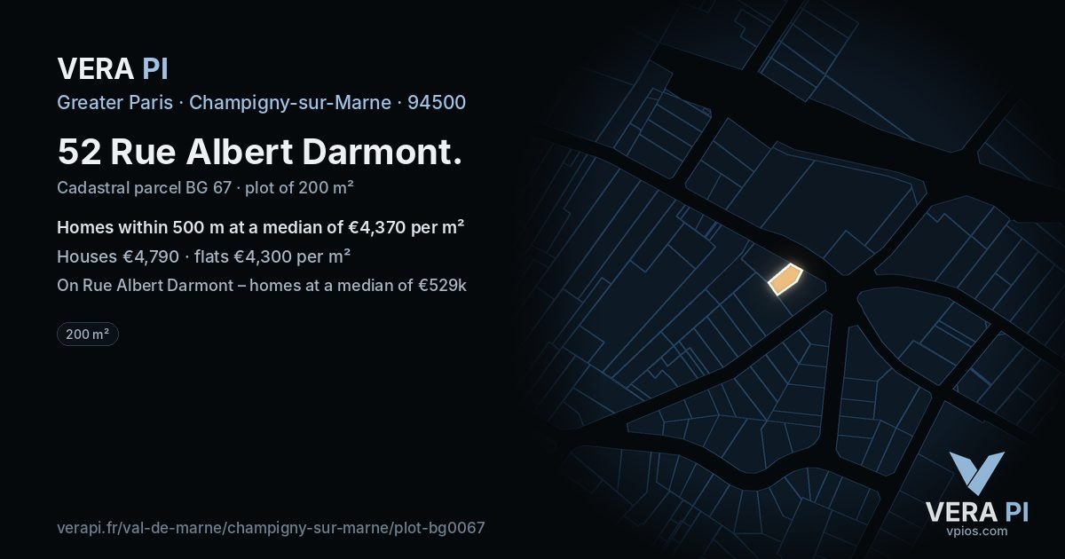 52 Rue Albert Darmont, Champigny-sur-Marne at night – the plot lit, the parcels around coloured by the prices near them