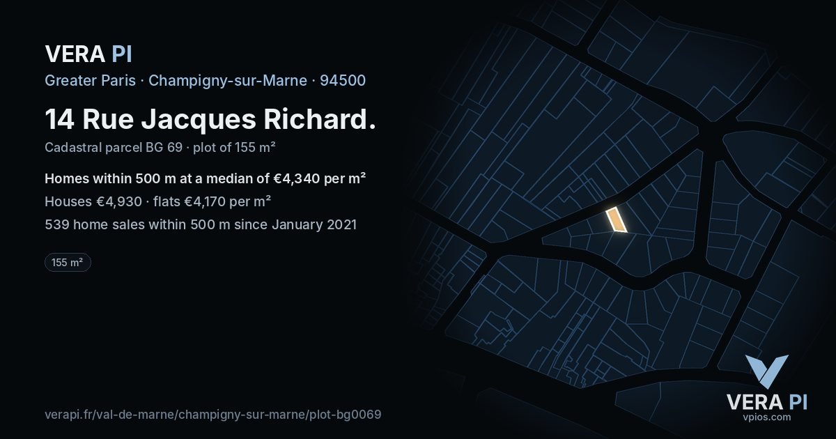 14 Rue Jacques Richard, Champigny-sur-Marne at night – the plot lit, the parcels around coloured by the prices near them