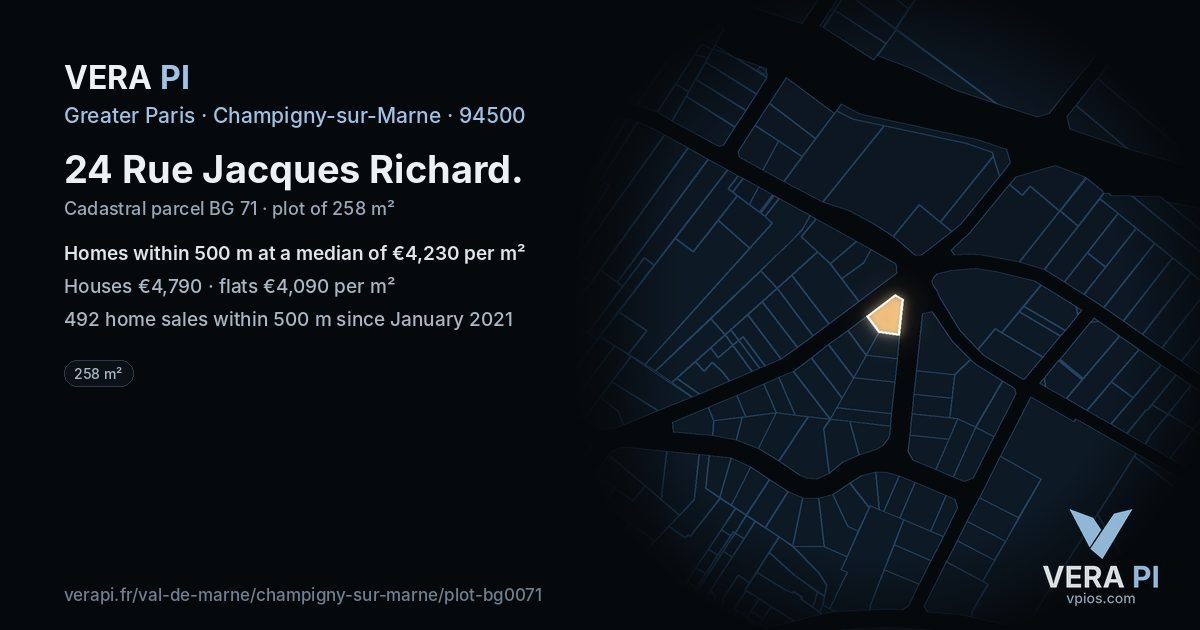 24 Rue Jacques Richard, Champigny-sur-Marne at night – the plot lit, the parcels around coloured by the prices near them
