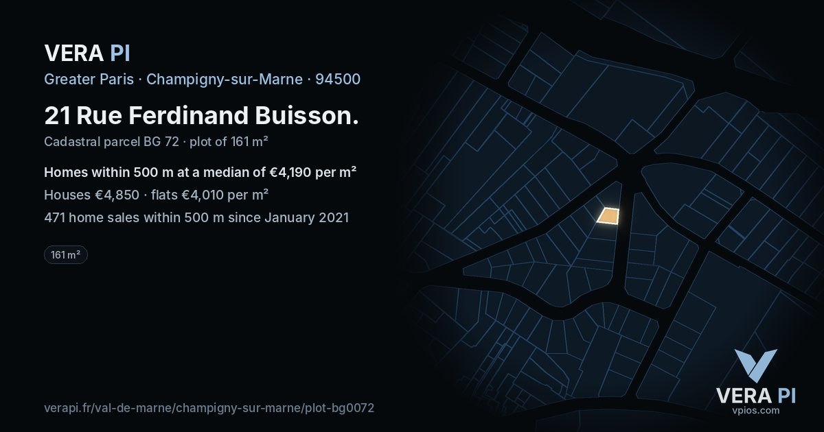21 Rue Ferdinand Buisson, Champigny-sur-Marne at night – the plot lit, the parcels around coloured by the prices near them