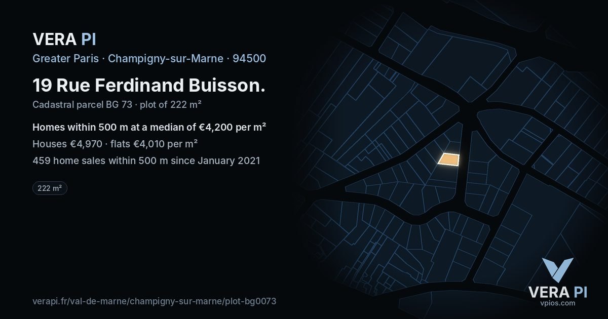 19 Rue Ferdinand Buisson, Champigny-sur-Marne at night – the plot lit, the parcels around coloured by the prices near them