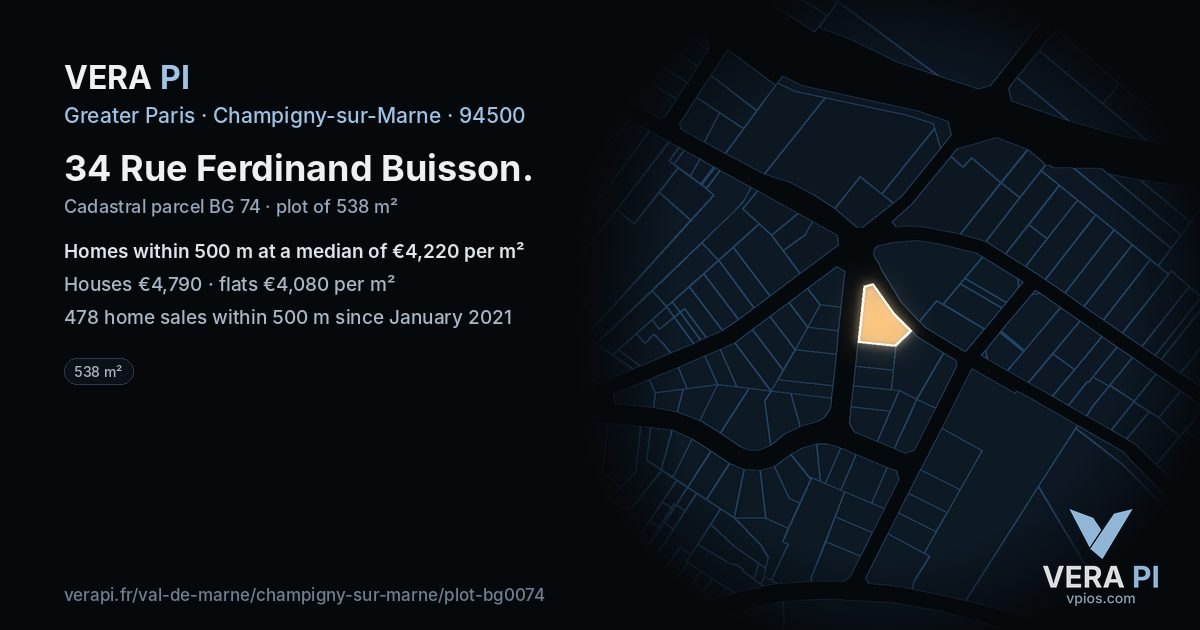 34 Rue Ferdinand Buisson, Champigny-sur-Marne at night – the plot lit, the parcels around coloured by the prices near them