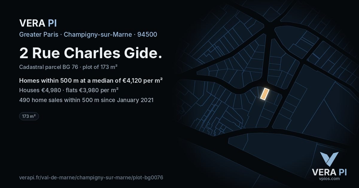 2 Rue Charles Gide, Champigny-sur-Marne at night – the plot lit, the parcels around coloured by the prices near them
