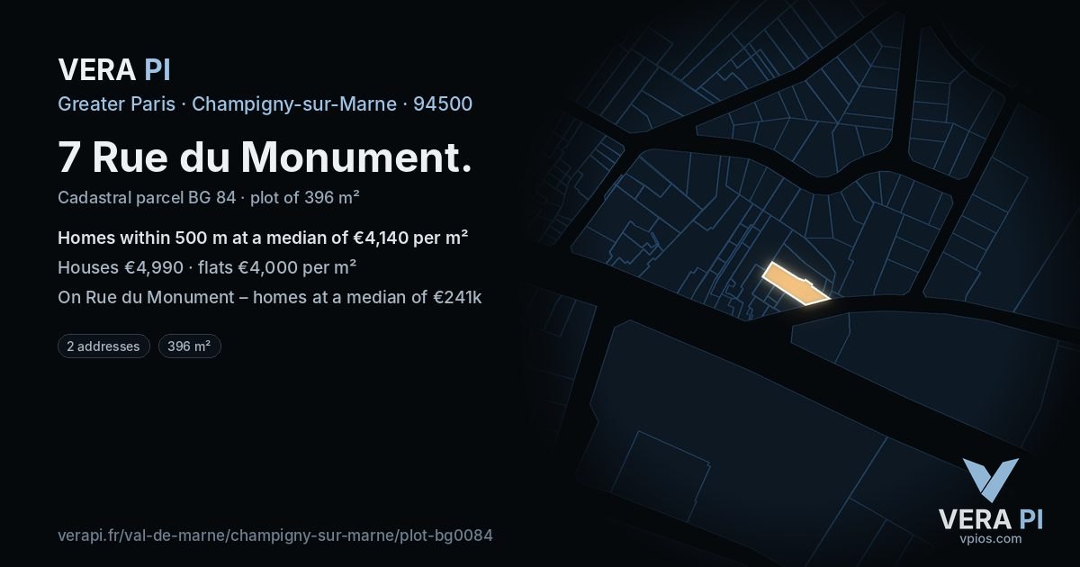 7 Rue du Monument, Champigny-sur-Marne at night – the plot lit, the parcels around coloured by the prices near them