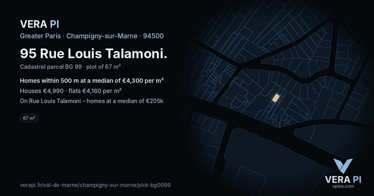 95 Rue Louis Talamoni, Champigny-sur-Marne at night – the plot lit, the parcels around coloured by the prices near them