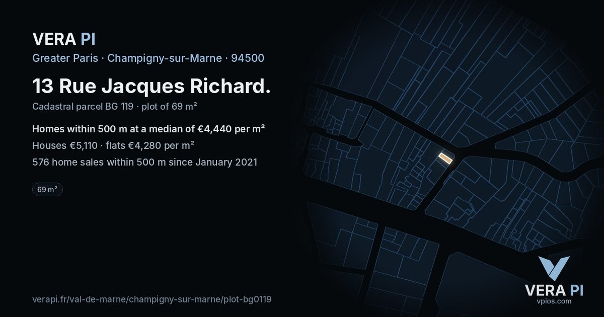 13 Rue Jacques Richard, Champigny-sur-Marne at night – the plot lit, the parcels around coloured by the prices near them