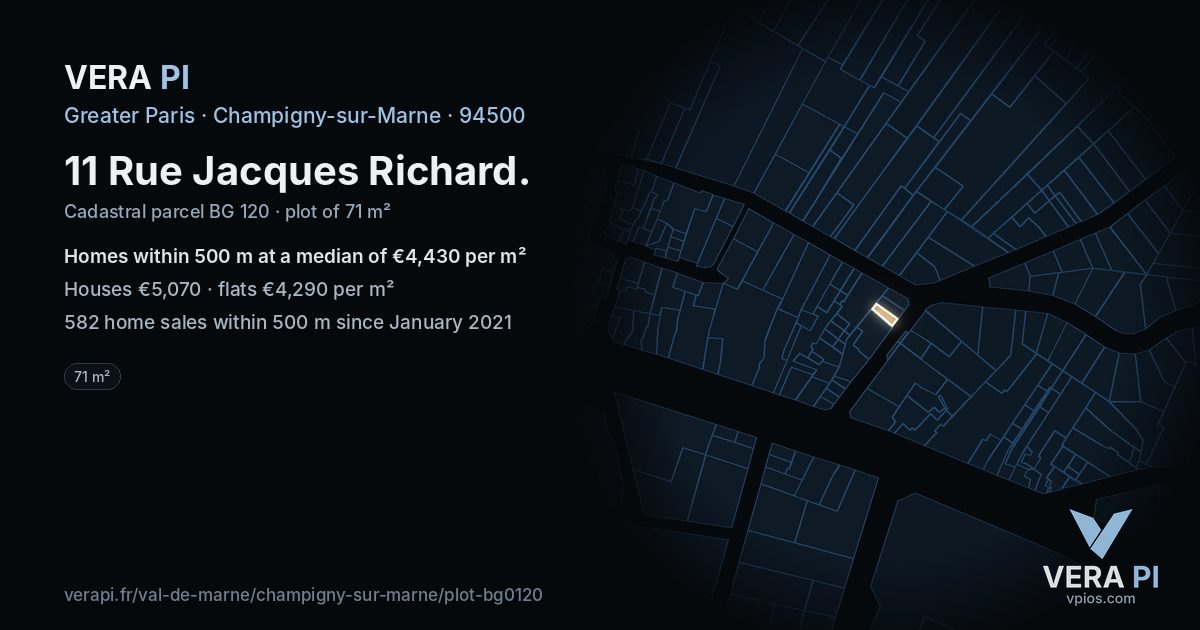 11 Rue Jacques Richard, Champigny-sur-Marne at night – the plot lit, the parcels around coloured by the prices near them