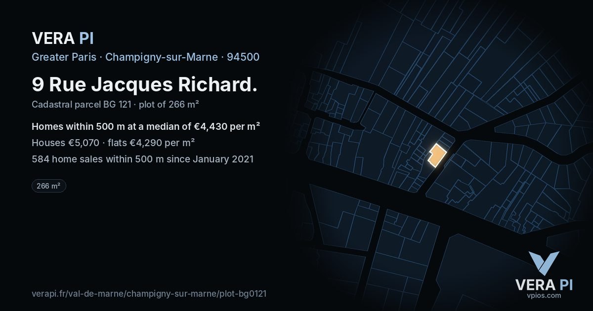9 Rue Jacques Richard, Champigny-sur-Marne at night – the plot lit, the parcels around coloured by the prices near them