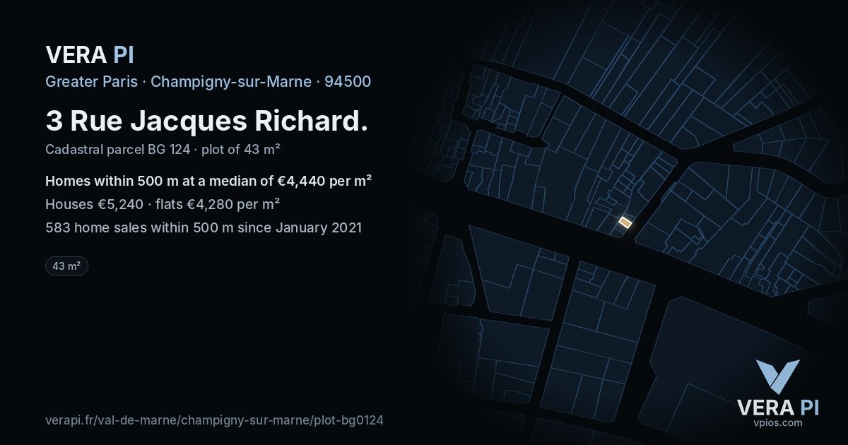 3 Rue Jacques Richard, Champigny-sur-Marne at night – the plot lit, the parcels around coloured by the prices near them