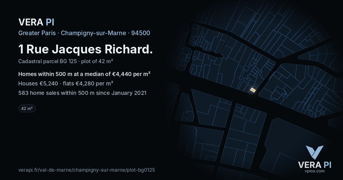 1 Rue Jacques Richard, Champigny-sur-Marne at night – the plot lit, the parcels around coloured by the prices near them