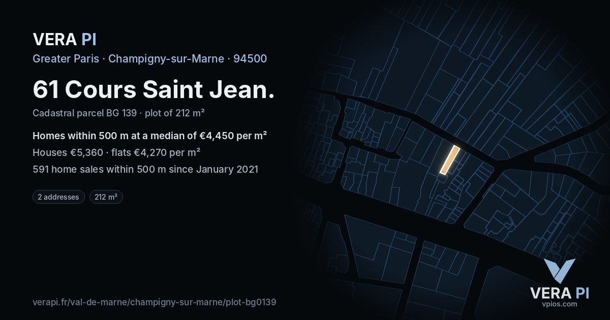 61 Cours Saint Jean, Champigny-sur-Marne at night – the plot lit, the parcels around coloured by the prices near them