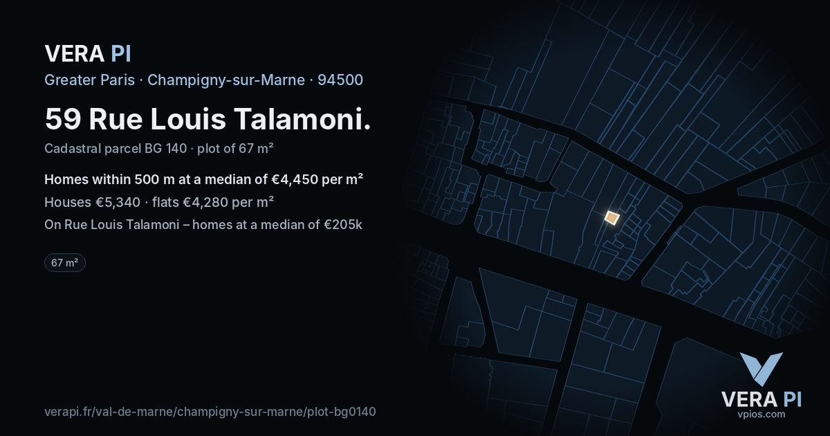 59 Rue Louis Talamoni, Champigny-sur-Marne at night – the plot lit, the parcels around coloured by the prices near them